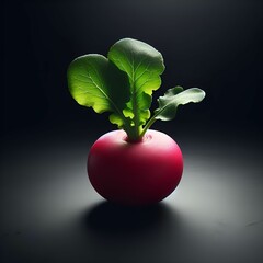 A radish on a black surface with a dark background