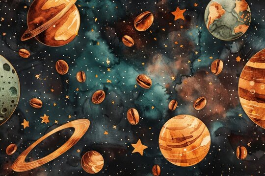 A painting of the solar system with a coffee bean in the middle