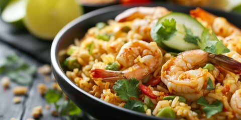 Savory shrimp fried rice with vegetables served in a black bowl, ideal for Asian cuisine content