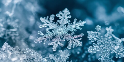 This high-resolution image showcases the intricate, symmetrical geometric patterns of a snowflake, magnifying the natural beauty of its form