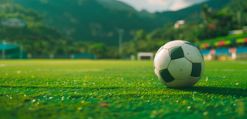 Soccer ball on grass field during sunset. Wallpaper banner with copy space.