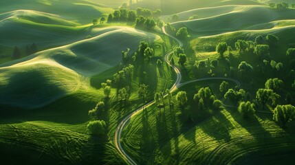 Misty green landscape  serene rolling hills with lush vegetation and winding path - obrazy, fototapety, plakaty