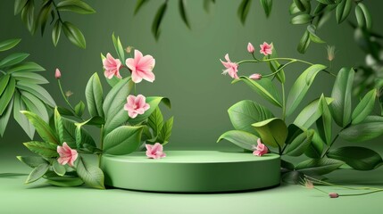 Round podium stage with green leaves and pink flowers