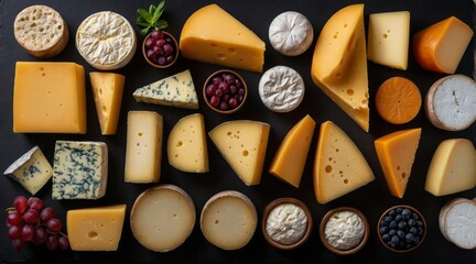 Cheese of different varieties on a black background.
