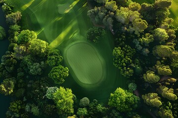 A golf course surrounded by trees and water in the middle of a forest area with a green golf course