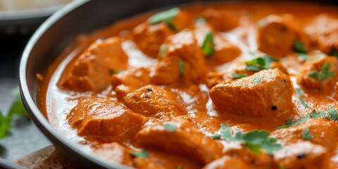 Traditional Indian chicken tikka masala dish served in a pan, topped with cilantro, perfect for culinary exploration
