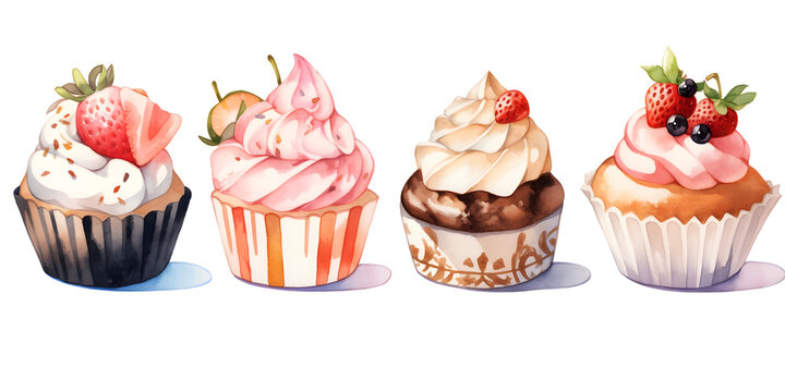 Cupcakes, watercolor painting, Generative AI