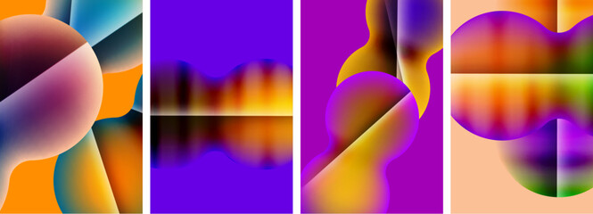 A vibrant collage featuring four colorful abstract paintings with shades of purple, violet, magenta, and electric blue on a white background, showcasing symmetry and patterns