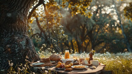 A traditional countryside picnic under a massive oak tree with a spread of fresh fruits local cheese and a rustic loaf of bread banner - obrazy, fototapety, plakaty