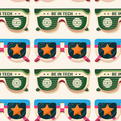 Seamless 90's pattern with striped sunglasses, vector background