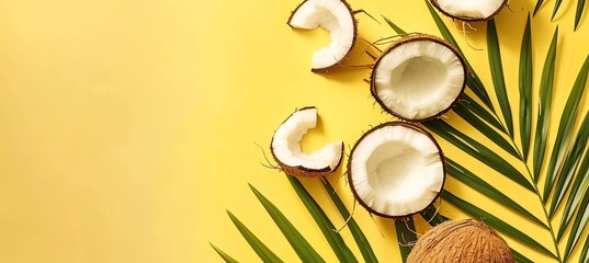 Fototapeta na wymiar banner a coconut and a coconut on a yellow background with space for text, exotic tropical vibe