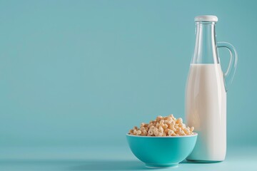 Banner the bottle of milk and bowl of cereal on turquoise background with space for text, breakfast morning