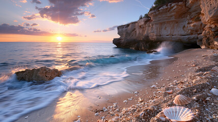 Sunset on Seashell-Strewn Beach with Cliffs
