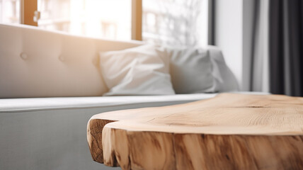 A wooden table top made of sawn wood in the interior of the room on the background of a sofa - obrazy, fototapety, plakaty