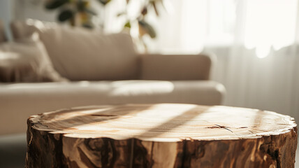 A wooden table top made of sawn wood in the interior of the room on the background of a sofa - obrazy, fototapety, plakaty
