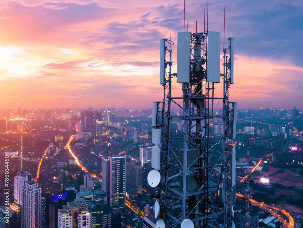 Poster 5g global network technology communication antenna tower for wireless high speed internet. future pr