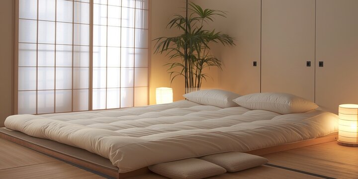 Serene and spacious Japanese bedroom with tatami floor and futon bed, showcasing simplicity and Zen aesthetics