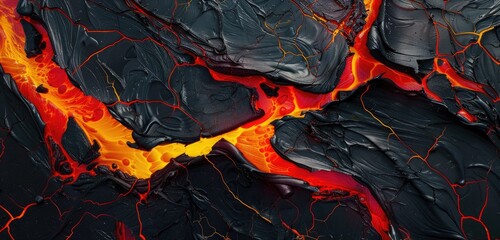 An abstract representation of molten lava flowing through a cracked earth, with vibrant reds and oranges blending into the dark, charred ground. 