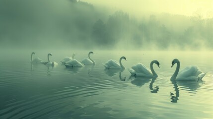 A group of silent swans swimming on the lake - Powered by Adobe