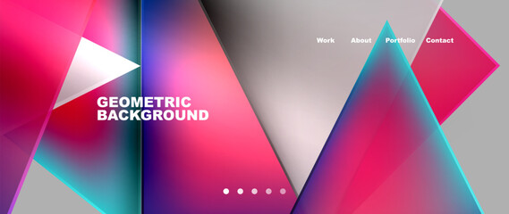 The geometric background features purple triangles, pink squares, and violet rectangles. This material property design is enhanced by a magenta font and technology gadget