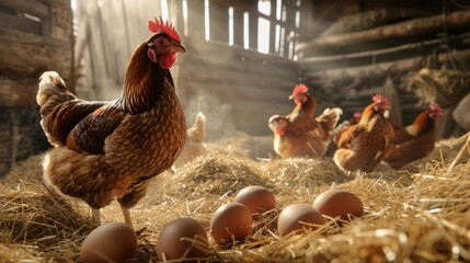 Hen with Eggs in Barn