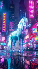 Fototapeta na wymiar A majestic Unicorn standing in the center of a bustling futuristic city, shot from a low angle to emphasize its grandeur