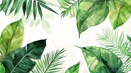 Banner of Tropical Leaves Watercolor Illustration on White Background with Space for Text Exotic Botanical Summer Design Concept  - obrazy, fototapety, plakaty