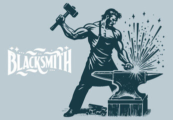In a vector image a powerful blacksmith strikes the anvil causing sparks to erupt
