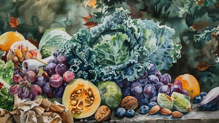 Watercolor painting that depicts the beauty and importance of calcium rich foods like kale, dairy, and almonds in promoting strong - obrazy, fototapety, plakaty
