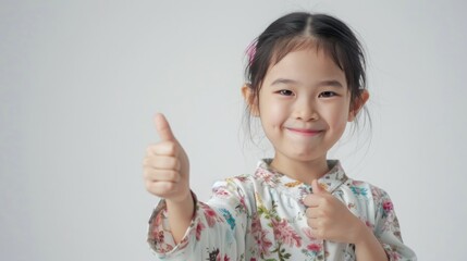 An Asian girl in pajamas happily showing thumbs up in approval praising good work and standing satisfied with the outcome on a white background
