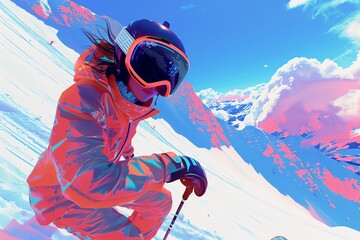 Illustrate an exhilarating virtual reality skiing experience from a side view, combining glitch art aesthetics with vivid