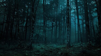 a haunting panoramic view of a dense, eerie forest at night, blending horror thrills with an environmental conservation message