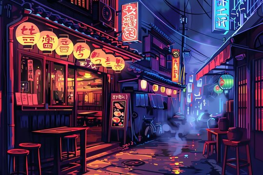 The precision of art with the chaotic charm of an alleyway ramen bar scene Highlight the steam and neon lights, embracing the clash of traditional and modern culinary experiences