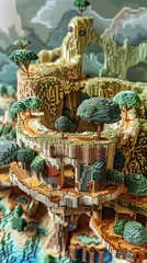 Fototapeta premium Combine pixel art with clay sculpture to depict a futuristic landscape influenced by psychological concepts Experiment with unexpected camera angles, emphasizing a birds-eye view