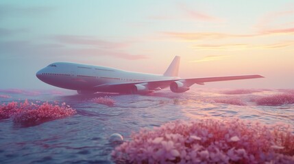 Tranquil Flight Echo: Concise scene capturing an abandoned airplane on wavy waters, flowers evoking tranquility.