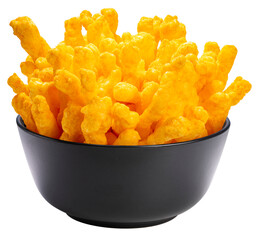 Puffed corn snacks cheesy in bowl  isolated on white background, Puff corn or Corn puffs cheese...