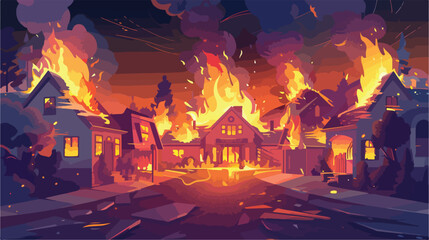 Fire disaster in city concept flat cartoon vector illustration