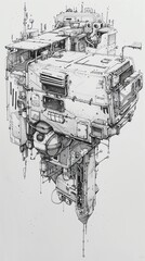 Interpret a top-down perspective of a futuristic food truck in a desolate urban landscape, portrayed in detailed pen and ink drawings showcasing unusual angles and distorted vanishing points