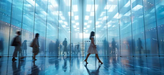 Fototapeta na wymiar Modern city, modern architecture, people walking in blurred motion. Tokyo feel. 