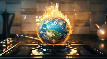Earth depicted as a globe boiling in a pot on a gas stove, conceptualizing global warming and climate change - obrazy, fototapety, plakaty