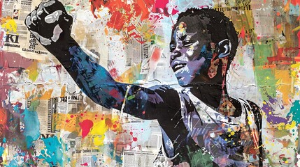 Graffiti collage of grunge newspapers and multicolored painting, featuring an African teen with a raised fist, embodying a fighting spirit and urban graphic art