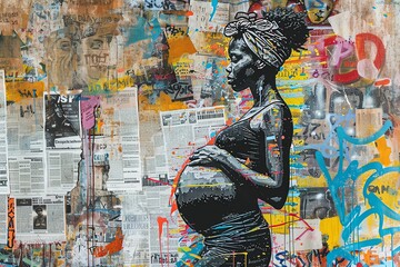 Graffiti collage portraying a pregnant African woman as a symbol of peace, combining grunge newspapers and colorful splashes in urban artwork