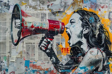 Graffiti of an iconic woman screaming into a megaphone, advocating for rights and equality, depicted in a collage of grunge newspapers and urban street art