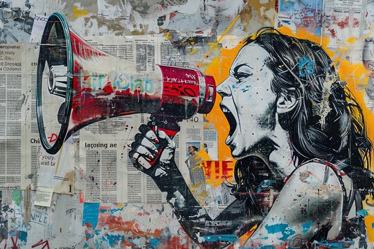 Graffiti of an iconic woman screaming into a megaphone, advocating for rights and equality, depicted in a collage of grunge newspapers and urban street art