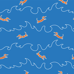 Vector blue seamless pattern background: Bathing Fun.