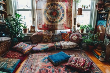 Cozy, boho-style living room with eclectic furniture, cushions and a curtain backdrop. Create a relaxing and inviting atmosphere.