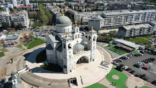 A drone flies around the Resurrection Cathedral, the main temple in Podgorica, Montenegro