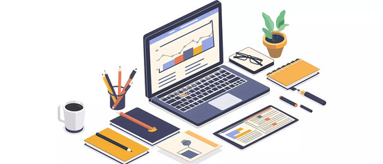 Business workspace with laptop illustration. Generative ai design concept.