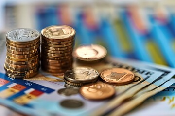 Closeup of coins and banknotes with a credit card in the background, concept of a financial parade on a blurred stock market graph background, Ai generated