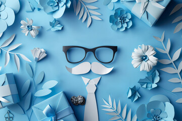 Father's day concept - paper cutout style illustration of glasses, tie and moustache